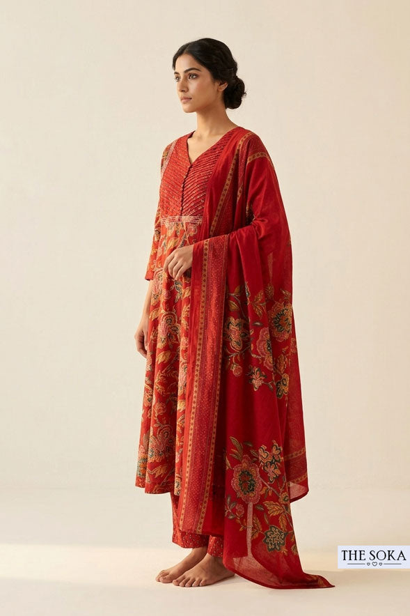 Red Floral Printed Cotton Anarkali Suit Set with Straight Pants & Dupatta for Women | Festive Ethnic Wear