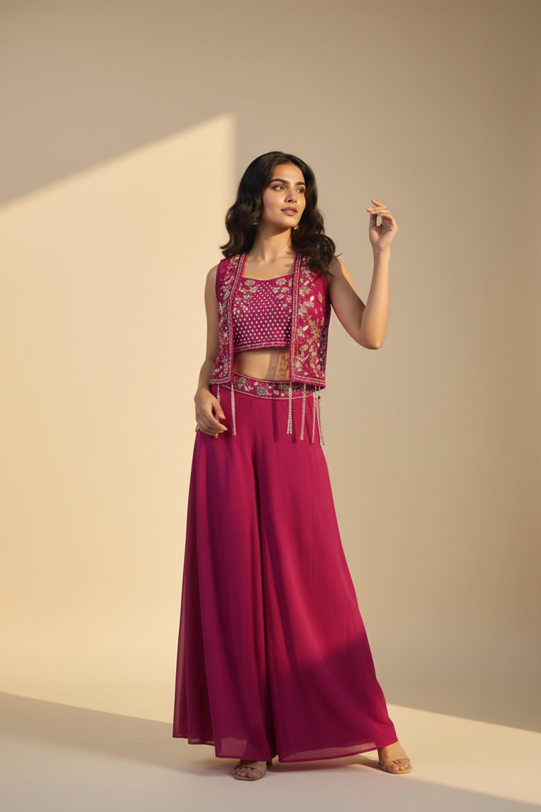 magenta  Embroidered Crop Top with Palazzo and Short Jacket Set
