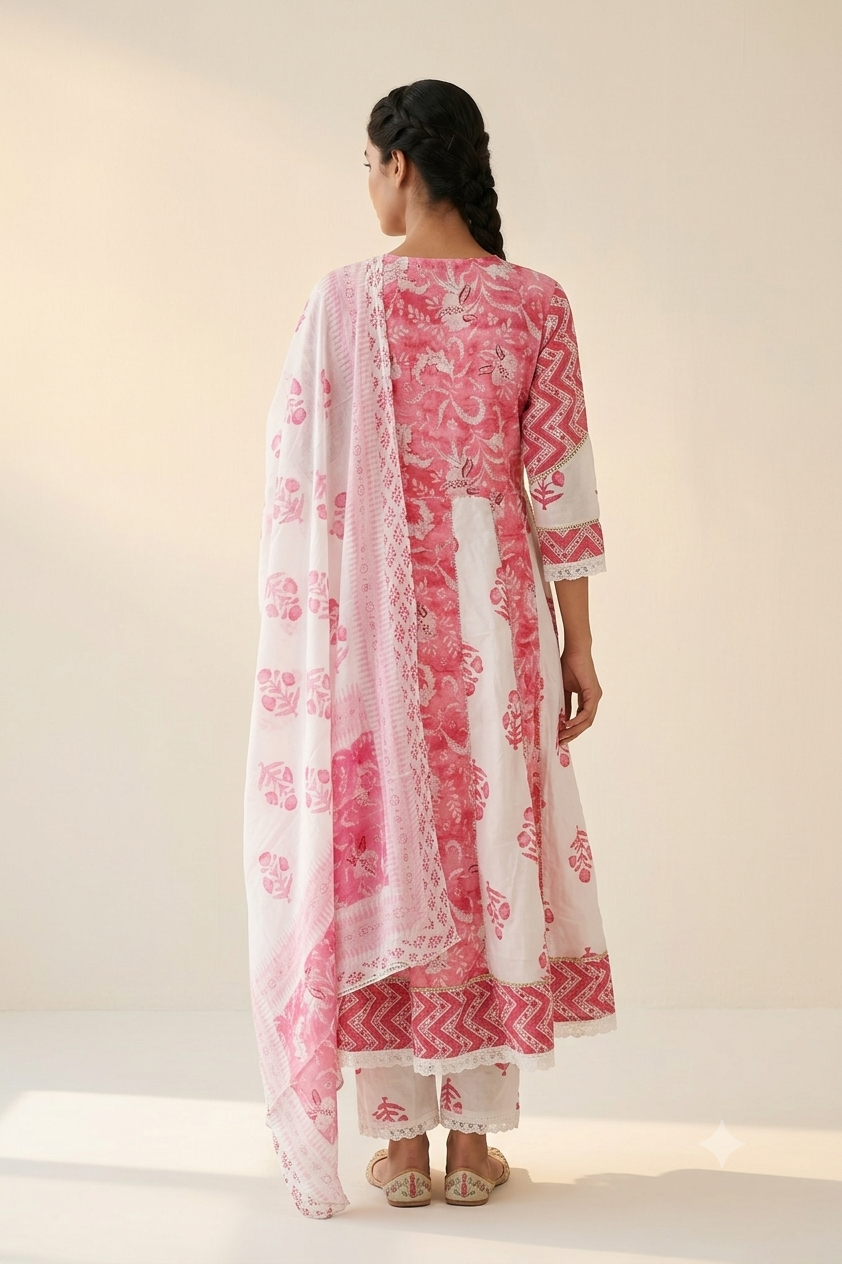 Premium White Pink Printed Cotton Anarkali Suit for Women