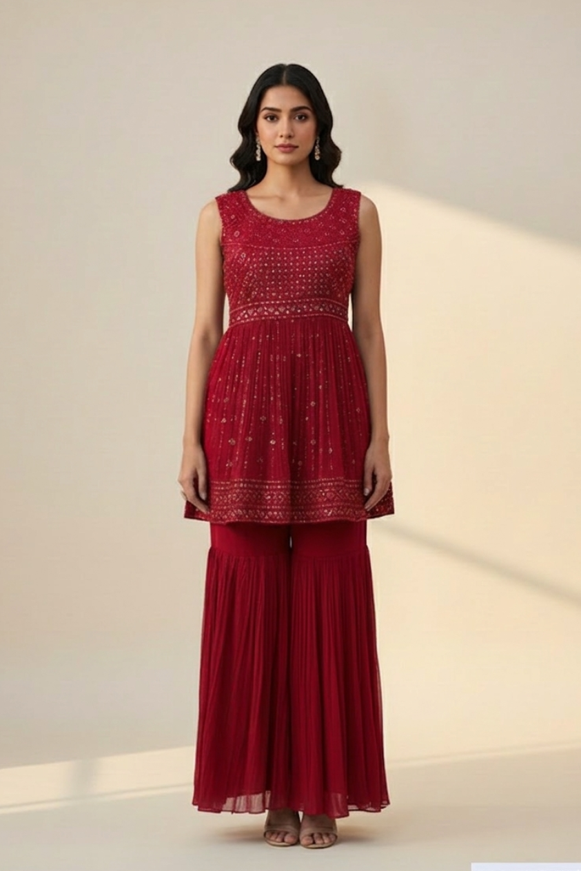 Woman wearing a red embroidered outfit 