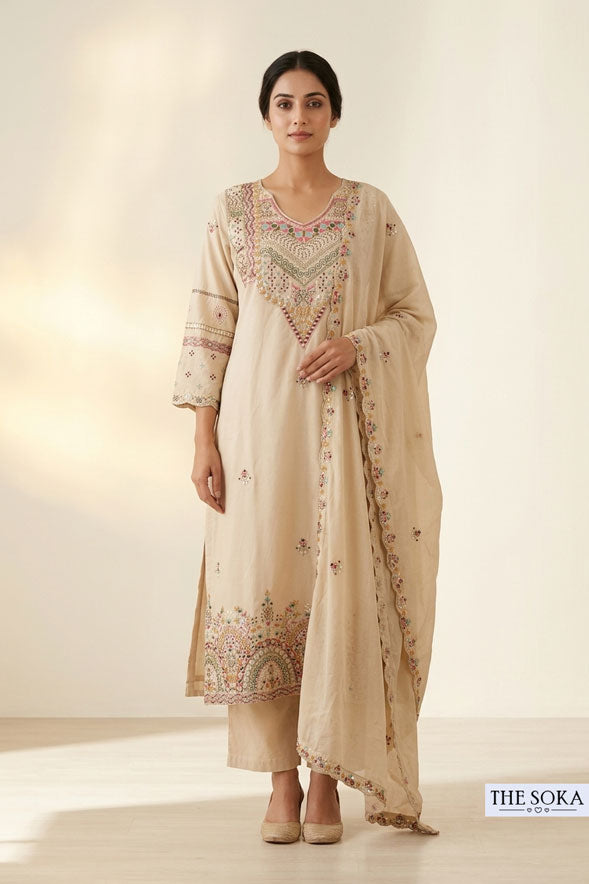 Beige Cotton Embroidered Kurta Pant Set with Dupatta for Women