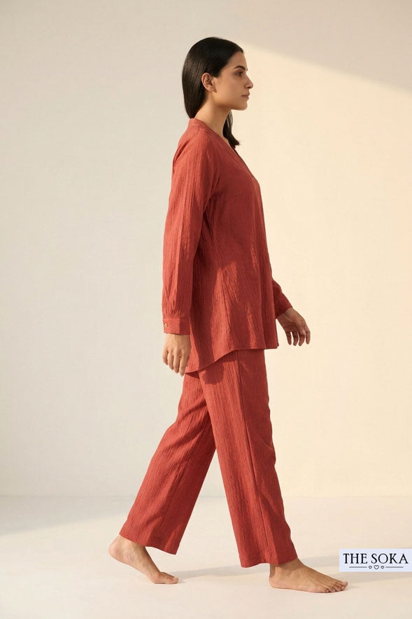 Rust Terracotta Solid Cotton V-Neck Tunic Co-Ord Set with Wide Leg Pants for Women