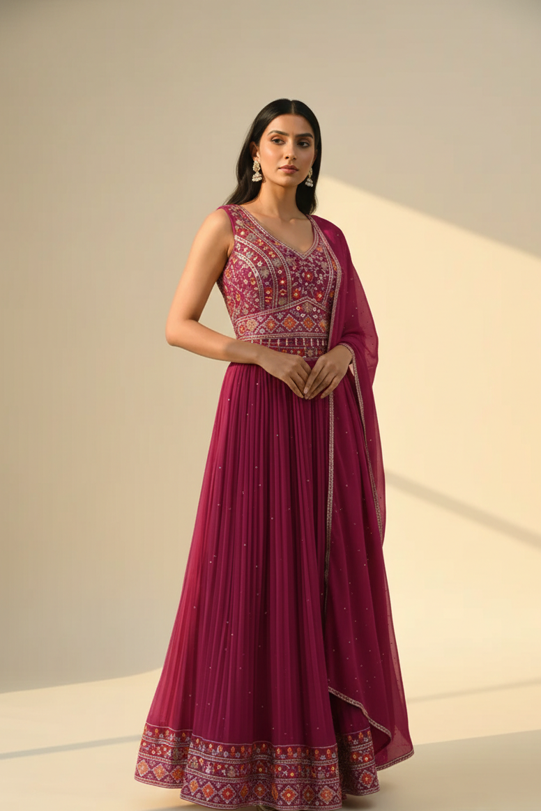 Magenta Embroidered Sleeveless Lehenga Choli with Dupatta