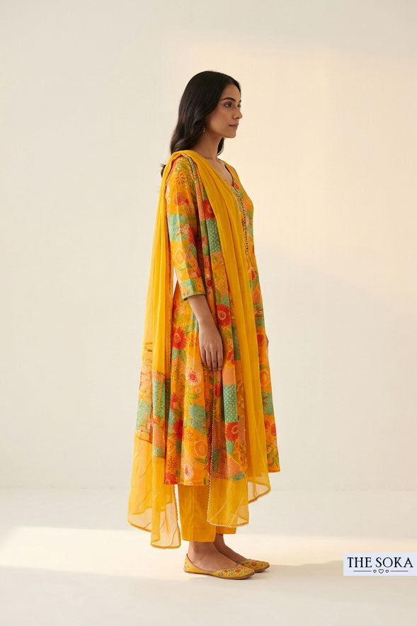 Mustard Yellow Floral Printed Cotton Anarkali Suit Set with Dupatta for Women
