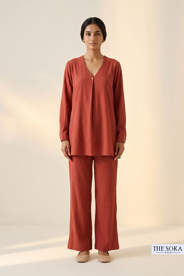 Rust Terracotta Solid Cotton V-Neck Tunic Co-Ord Set with Wide Leg Pants for Women