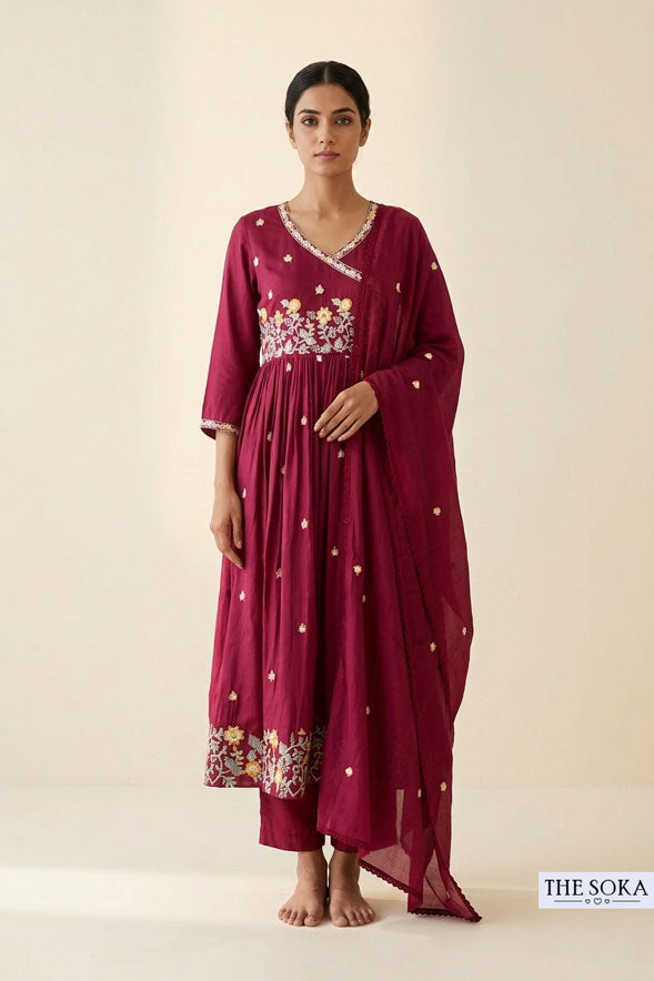 Wine Maroon Floral Embroidered Anarkali Suit Set with Straight Pants & Dupatta for Women | Festive Ethnic Wear