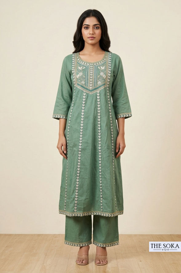 Sage Green Cotton Thread Embroidered Kurta Palazzo Set with Dupatta for Women | Elegant Ethnic Wear