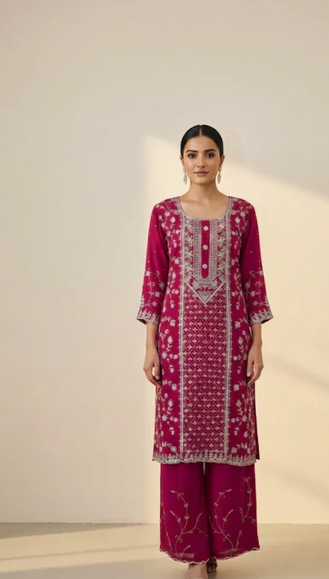 Pure Chinon Vibrant Crimson Magenta Regal Radiance Embroidered Palazzo Suit