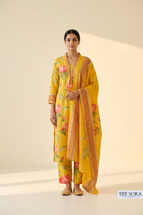 Yellow Floral Printed Anarkali Kurta with Palazzo & Dupatta