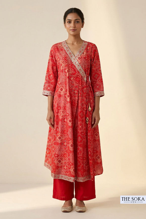 Red Bandhani Printed Cotton Wrap Style Anarkali Suit Set with Dupatta for Women | Festive Ethnic Wear
