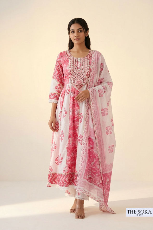 Premium White Pink Printed Cotton Anarkali Suit for Women
