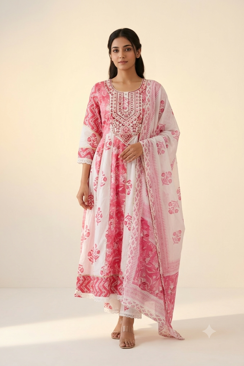 Premium White Pink Printed Cotton Anarkali Suit for Women