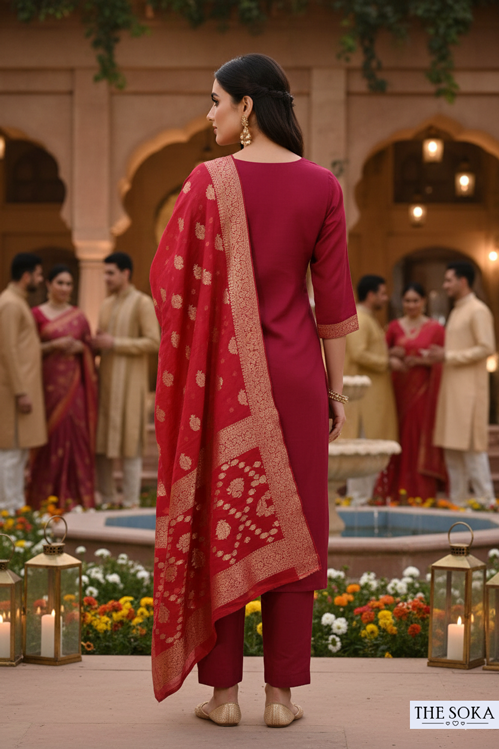 Woman in a pink traditional outfit with a red dupatta in an outdoor setting with other people and decorations.