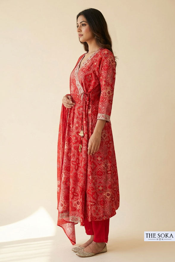 Red Bandhani Printed Cotton Wrap Style Anarkali Suit Set with Dupatta for Women | Festive Ethnic Wear