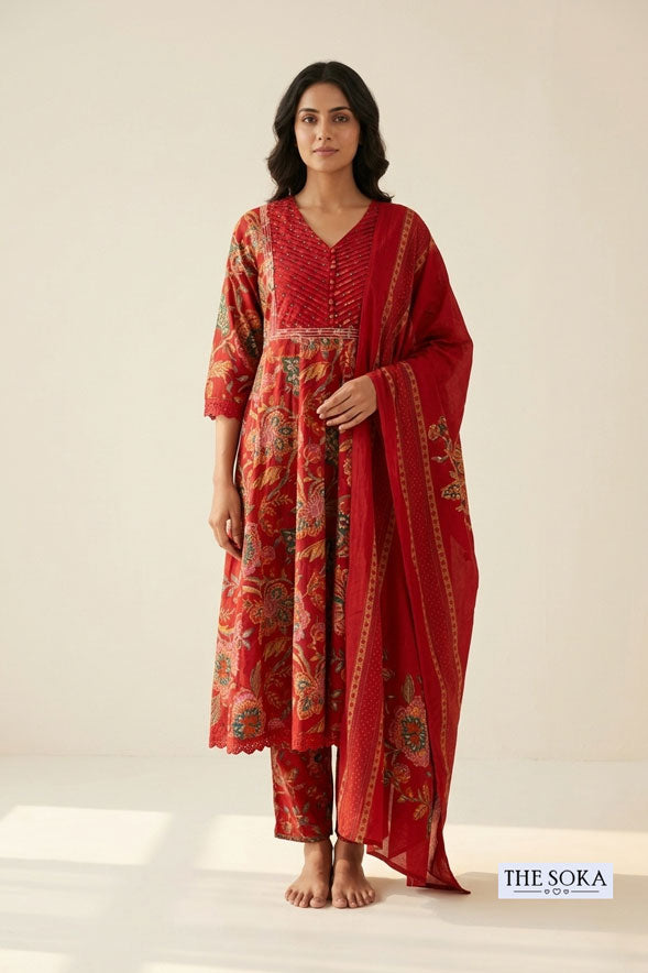 Red Floral Printed Cotton Anarkali Suit Set with Straight Pants & Dupatta for Women | Festive Ethnic Wear