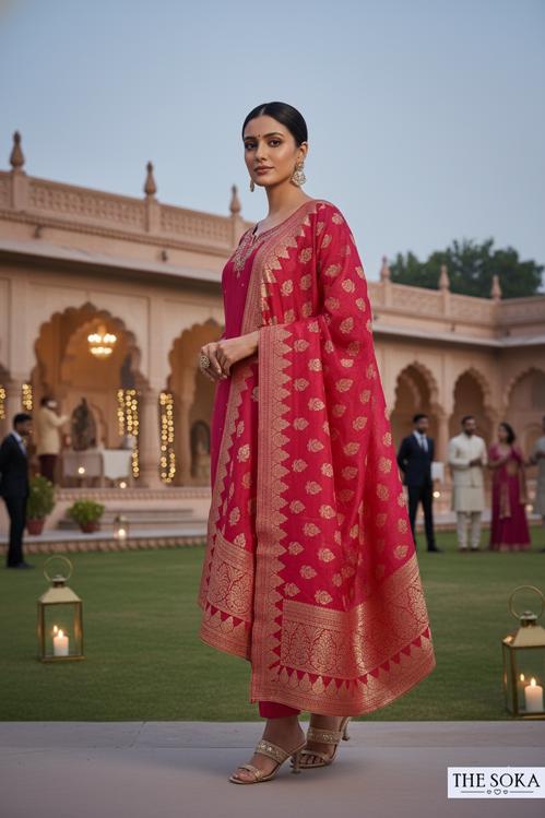 Woman in a traditional pink and gold outfit standing in front of an architectural structure.