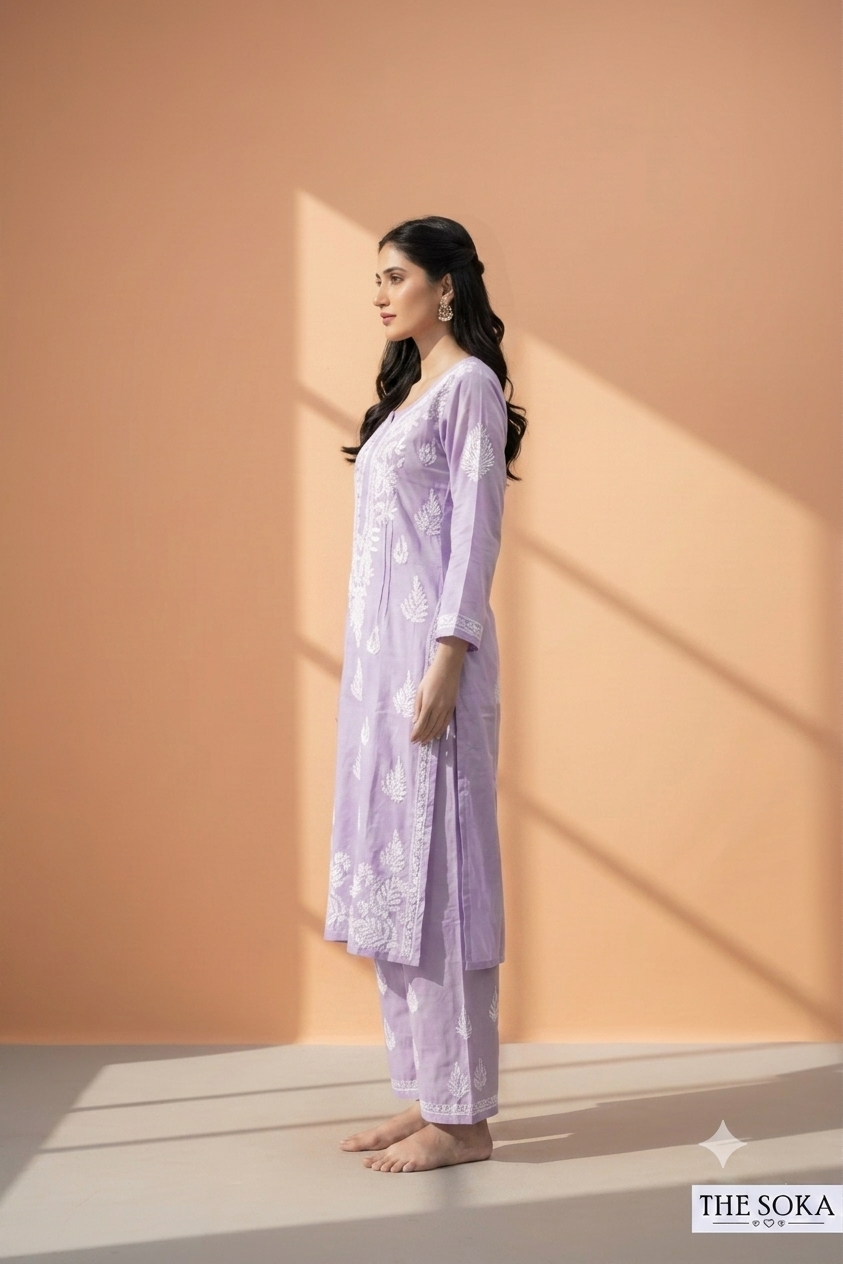 Purple Light Lavender Women Chikankari Kurta Set With Pant