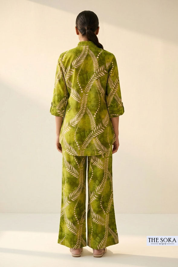 Olive Green Printed Cotton Co-Ord Set for Women | Shirt & Wide Leg Pants