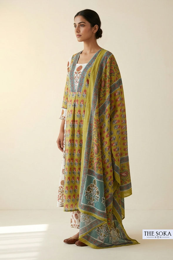 Olive Green Floral Printed Cotton Anarkali Suit Set with Palazzo & Dupatta for Women | Festive Ethnic Wear