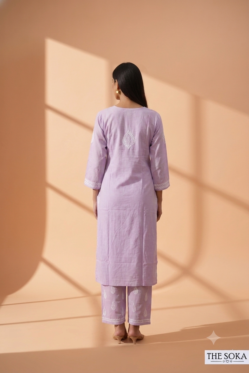 Purple Light Lavender Women Chikankari Kurta Set With Pant