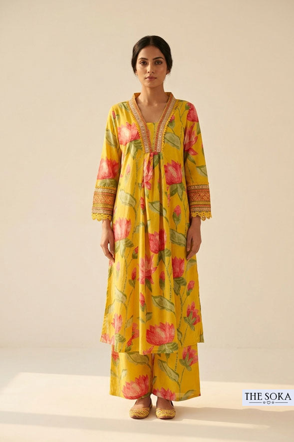 Yellow Floral Printed Anarkali Kurta with Palazzo & Dupatta
