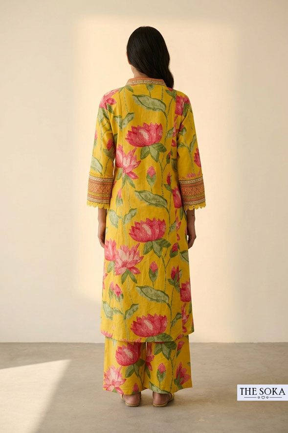 Yellow Floral Printed Anarkali Kurta with Palazzo & Dupatta