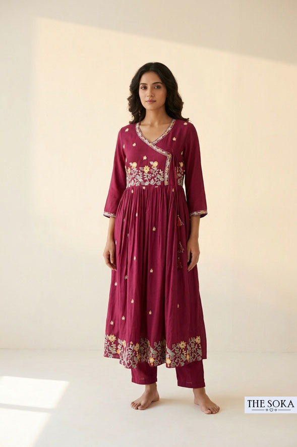 Wine Maroon Floral Embroidered Anarkali Suit Set with Straight Pants & Dupatta for Women | Festive Ethnic Wear