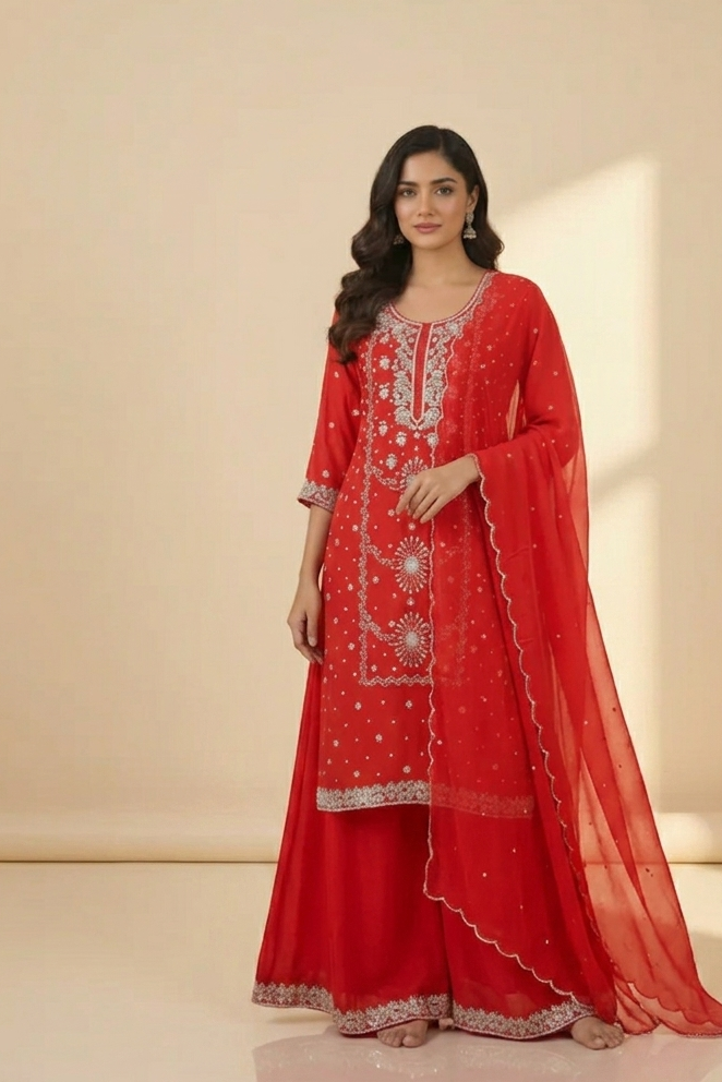 A woman modeling a traditional red Indian ethnic outfit with silver embroidery, featuring a kurta, flared pants, and a matching sheer dupatta, set against a warm beige studio background.