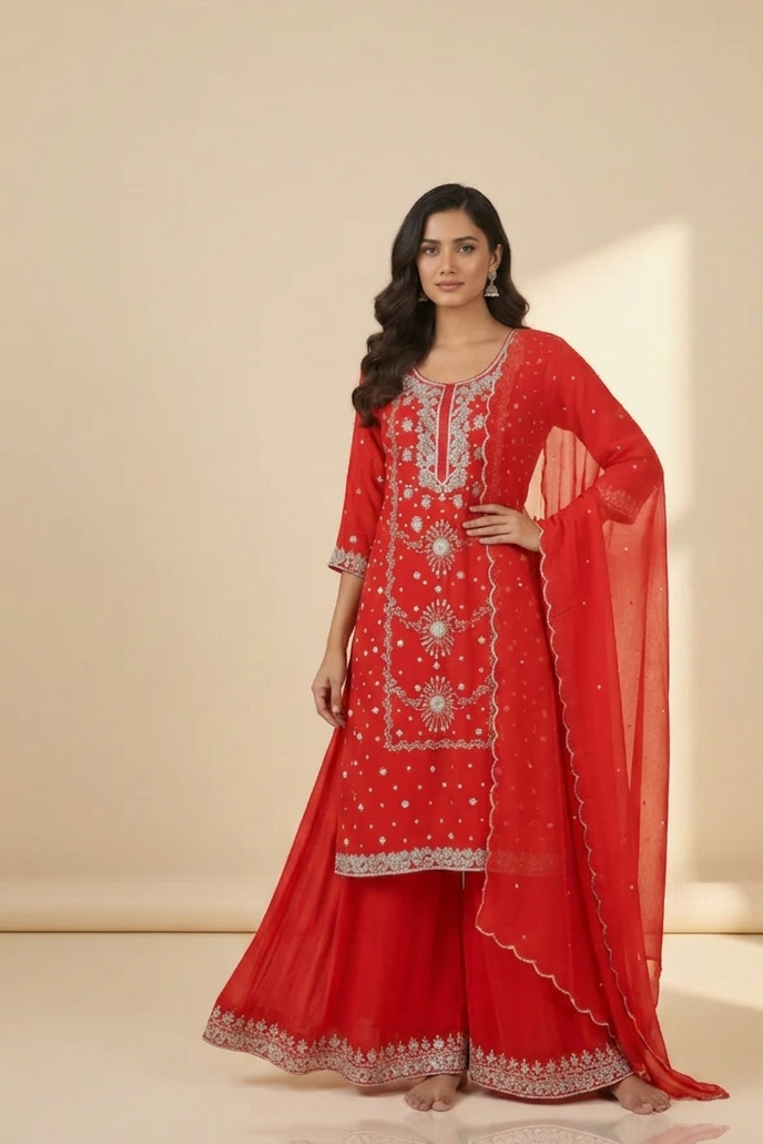 A woman modeling a traditional red Indian salwar kameez suit with intricate silver embroidery and a matching sheer red dupatta, set against a warm beige studio background.