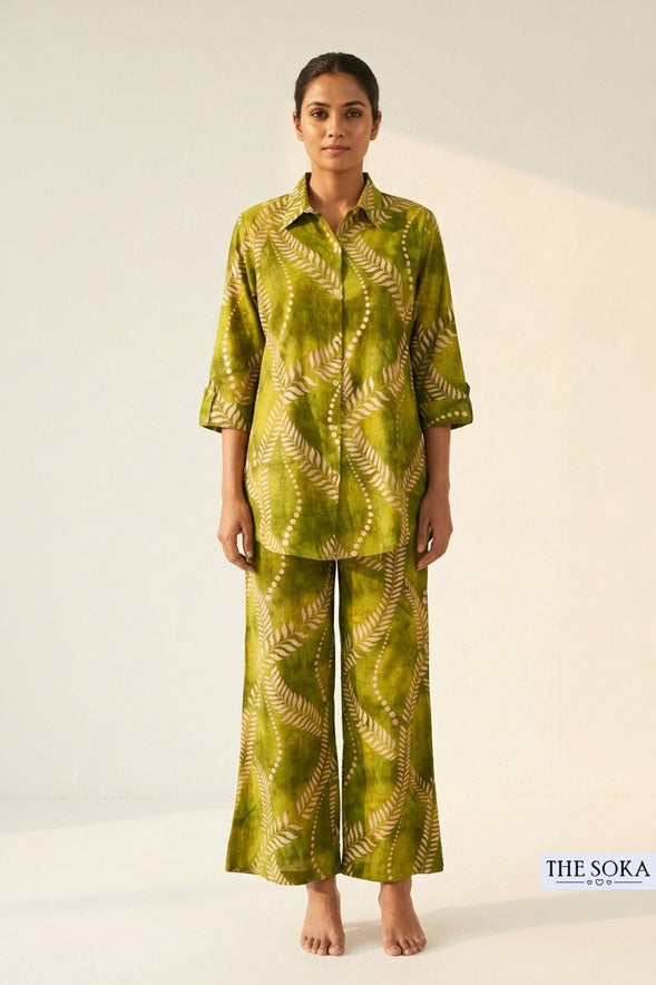 Olive Green Printed Cotton Co-Ord Set for Women | Shirt & Wide Leg Pants