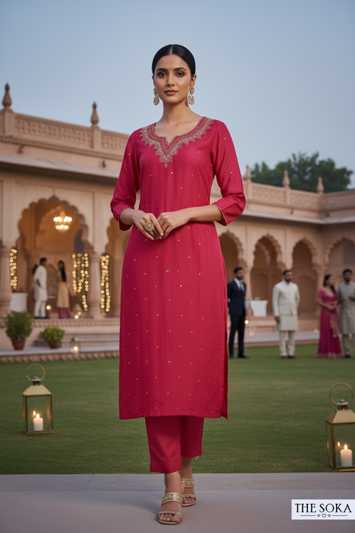 Woman in a red traditional outfit standing in an outdoor setting with decorative lights and people in the background.