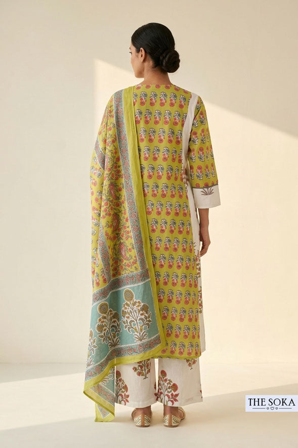 Olive Green Floral Printed Cotton Anarkali Suit Set with Palazzo & Dupatta for Women | Festive Ethnic Wear