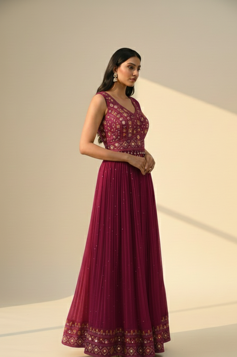 Magenta Embroidered Sleeveless Lehenga Choli with Dupatta