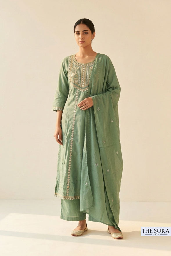 Sage Green Cotton Thread Embroidered Kurta Palazzo Set with Dupatta for Women | Elegant Ethnic Wear
