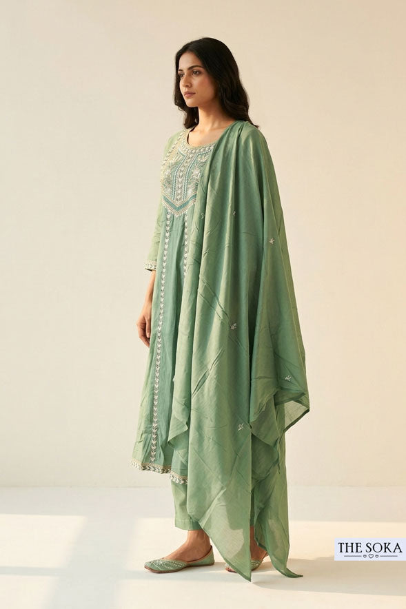 Sage Green Cotton Thread Embroidered Kurta Palazzo Set with Dupatta for Women | Elegant Ethnic Wear