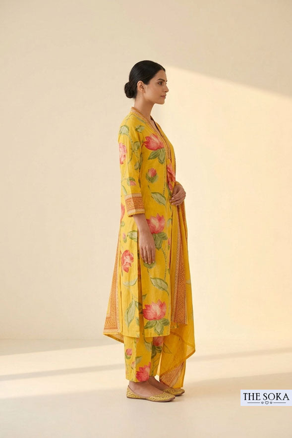 Yellow Floral Printed Anarkali Kurta with Palazzo & Dupatta