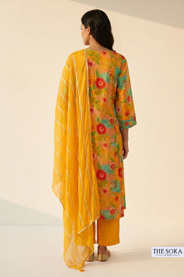 Mustard Yellow Floral Printed Cotton Anarkali Suit Set with Dupatta for Women