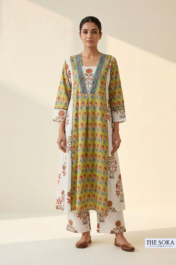 Olive Green Floral Printed Cotton Anarkali Suit Set with Palazzo & Dupatta for Women | Festive Ethnic Wear