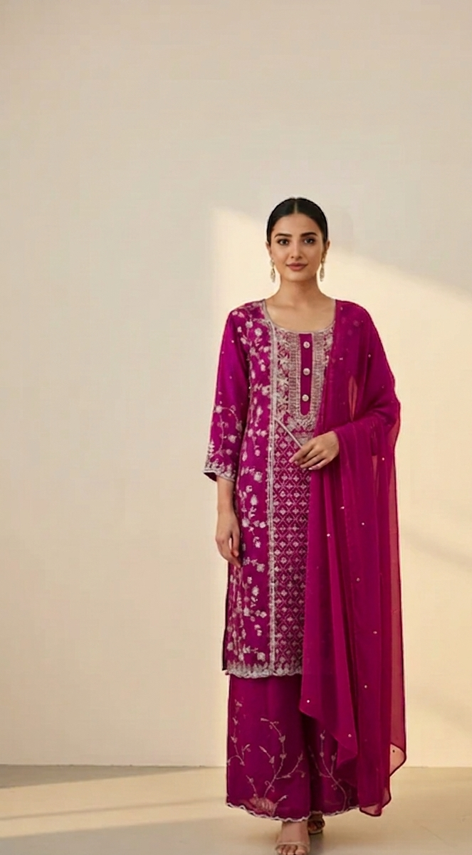 Pure Chinon Vibrant Crimson Magenta Regal Radiance Embroidered Palazzo Suit