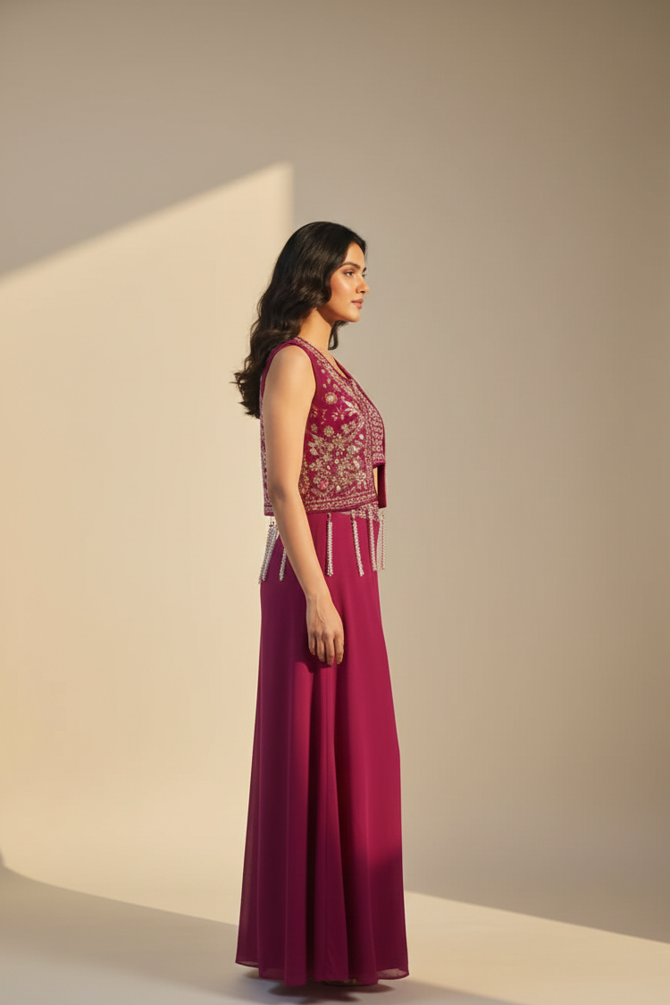 magenta  Embroidered Crop Top with Palazzo and Short Jacket Set