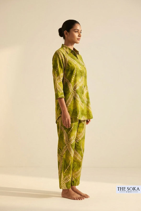 Olive Green Printed Cotton Co-Ord Set for Women | Shirt & Wide Leg Pants