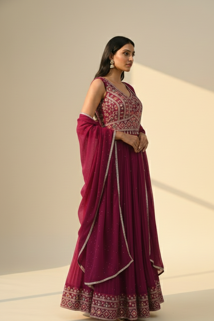 Magenta Embroidered Sleeveless Lehenga Choli with Dupatta