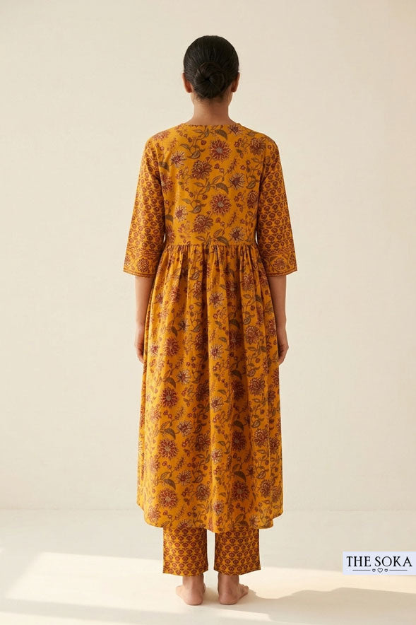 Mustard Yellow Floral Printed Cotton Anarkali Suit Set with Straight Pants & Dupatta for Women | Festive Ethnic Wear