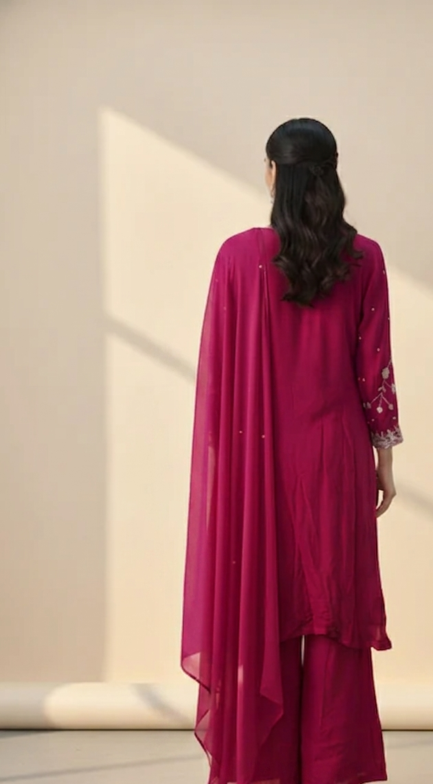 Pure Chinon Vibrant Crimson Magenta Regal Radiance Embroidered Palazzo Suit