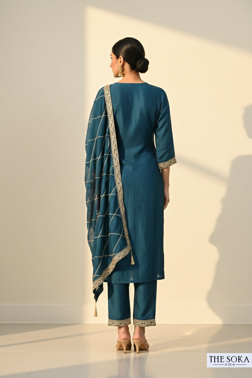 Greenish Undertone Embroidered Kurta Set with Pants and Dupatta