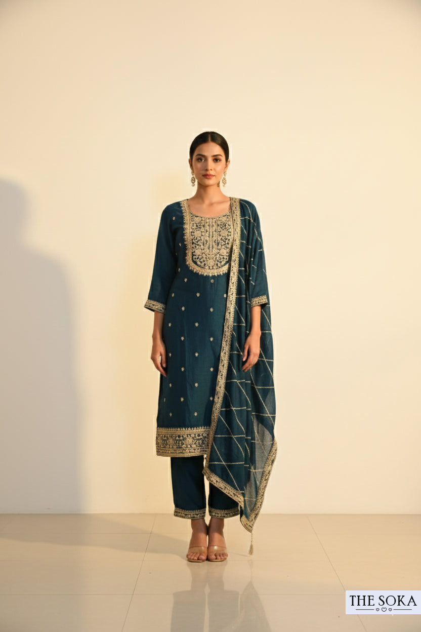 Greenish Undertone Embroidered Kurta Set with Pants and Dupatta