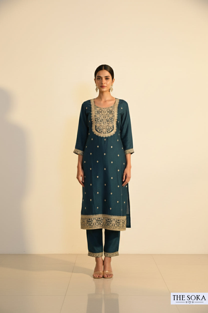 Greenish Undertone Embroidered Kurta Set with Pants and Dupatta