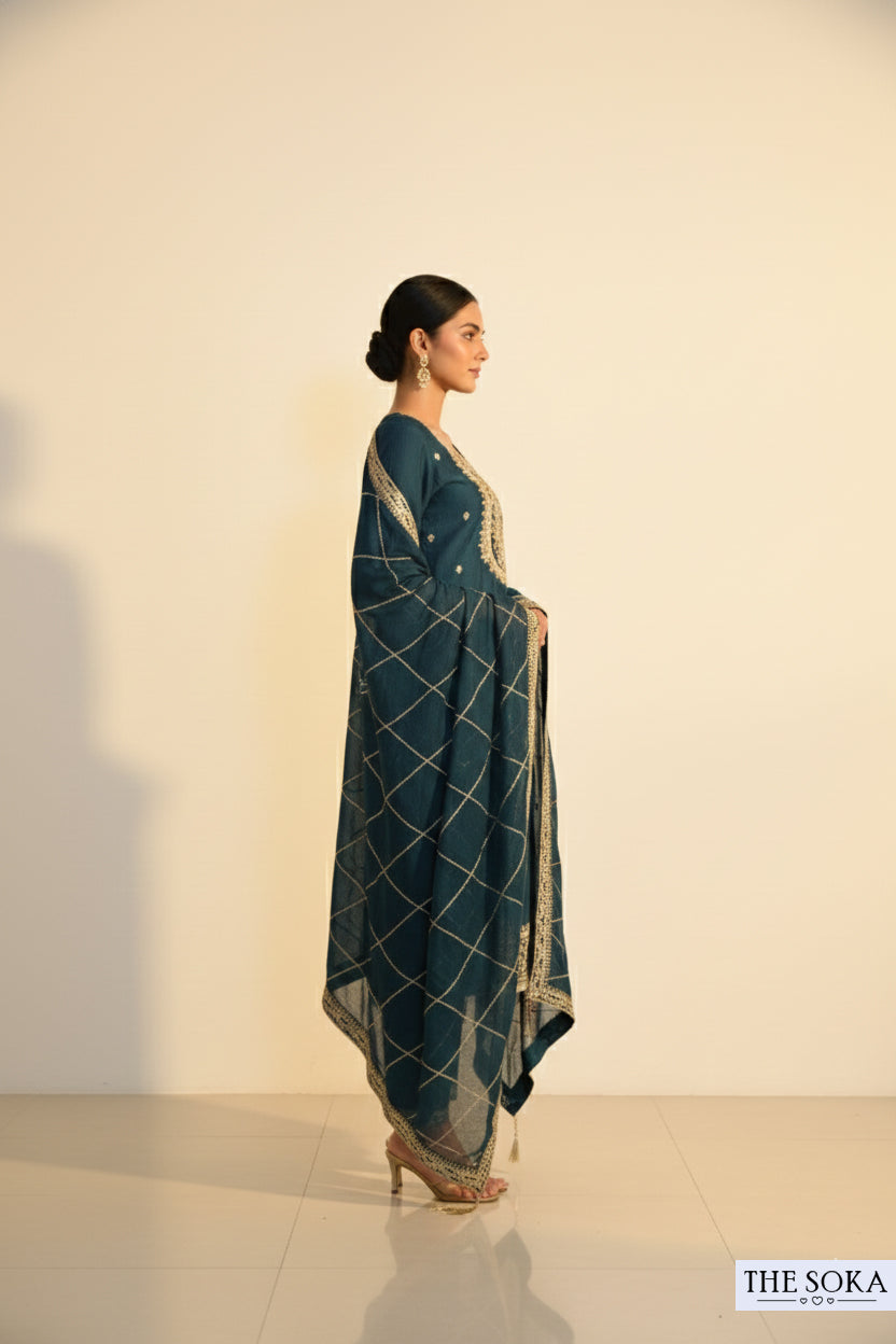 Greenish Undertone Embroidered Kurta Set with Pants and Dupatta