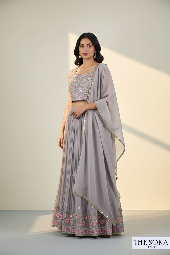 Grey Embroidered Lehenga Choli with Dupatta