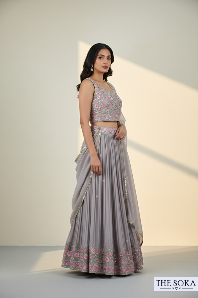 Grey Embroidered Lehenga Choli with Dupatta
